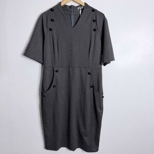 NWT Grace Karin Charcoal‎ V-Neck Sheath Dress XL Button Accents Career Office